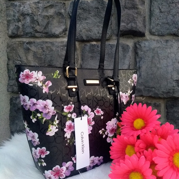 WALLET SOLD Calvin Klein Signature Black Floral Shopper Tote + Wallet - Picture 4 of 16